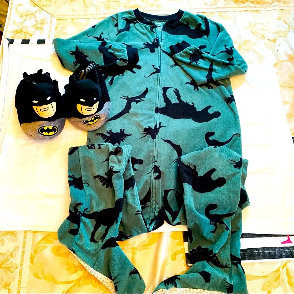 Batman Slippers and Carter’s Dino Onesie.